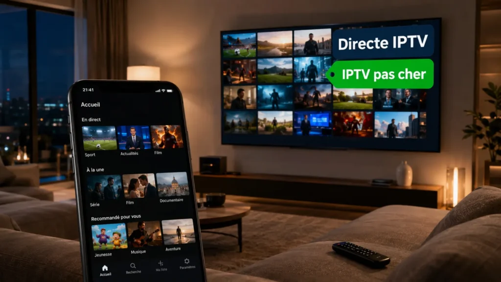 Abonnement IPTV pas cher Directe IPTV sur Smart TV et smartphone en salon moderne