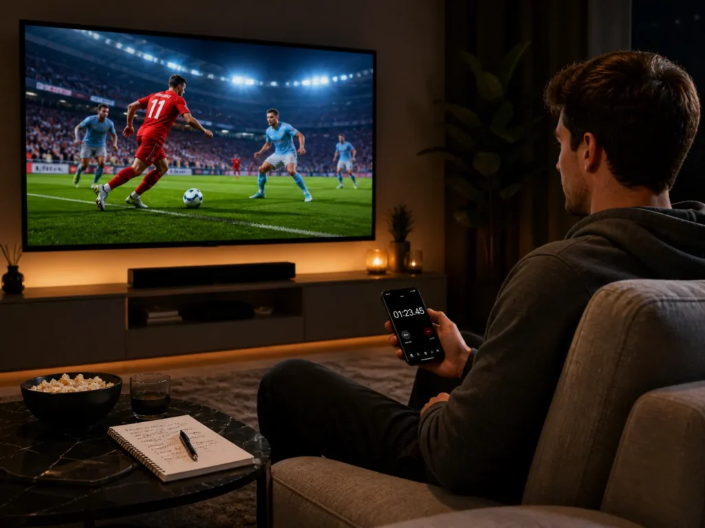 Homme évaluant la qualité d'un test IPTV pendant un match de football en 4K sur Smart TV, avec chronomètre sur smartphone et notes pour analyser le service