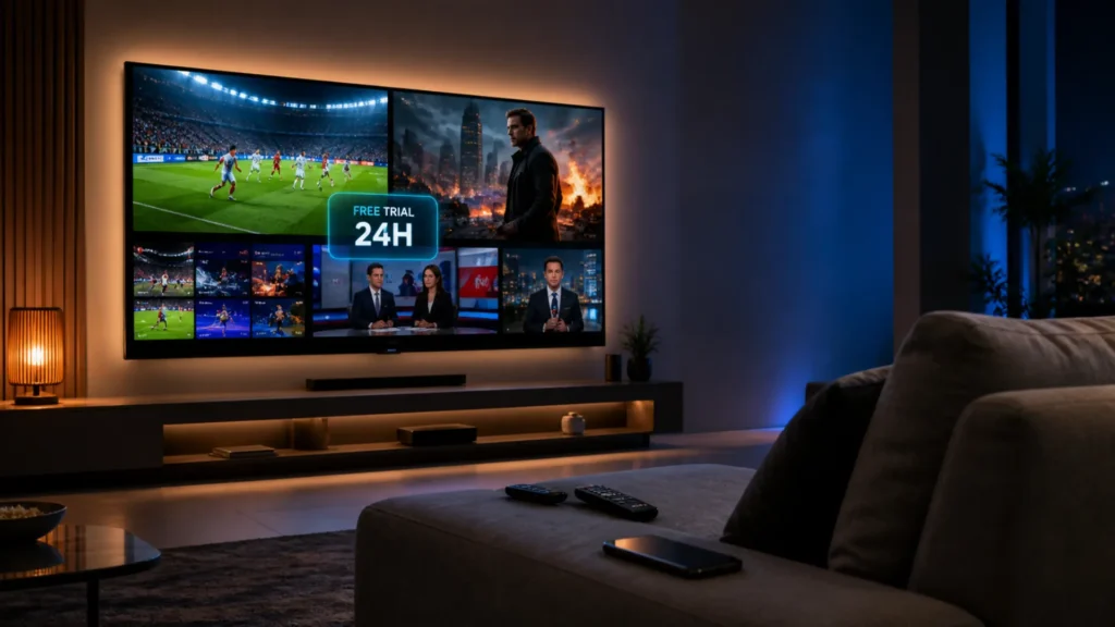 Test IPTV gratuit 24h affiché sur une Smart TV 4K dans un salon moderne, avec multi-écrans sport, films et infos en streaming Directe IPTV