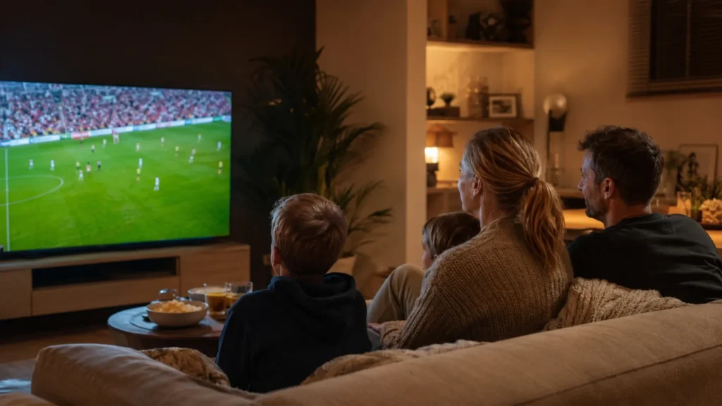 Famille belge regardant ses chaînes via un IPTV Belgique annuel sur Smart TV Title: IPTV Belgique annuel ou mensuel 2026
