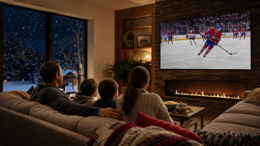 Famille québécoise regardant un match de hockey des Canadiens de Montréal en direct sur smart TV via IPTV Québec